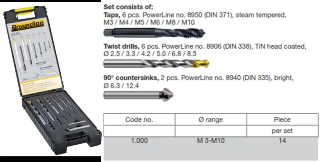 MACHINETAP SET POWERLINE M 3  M10 DIN 371 TYP N40 R VAP C INCL CORE HOLE DRILLS  2585 AND COUNTERSINKS  63  12