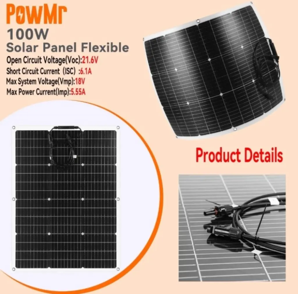 PowMr 100W Panel Surya Fleksibel Sel Surya Monokristalin